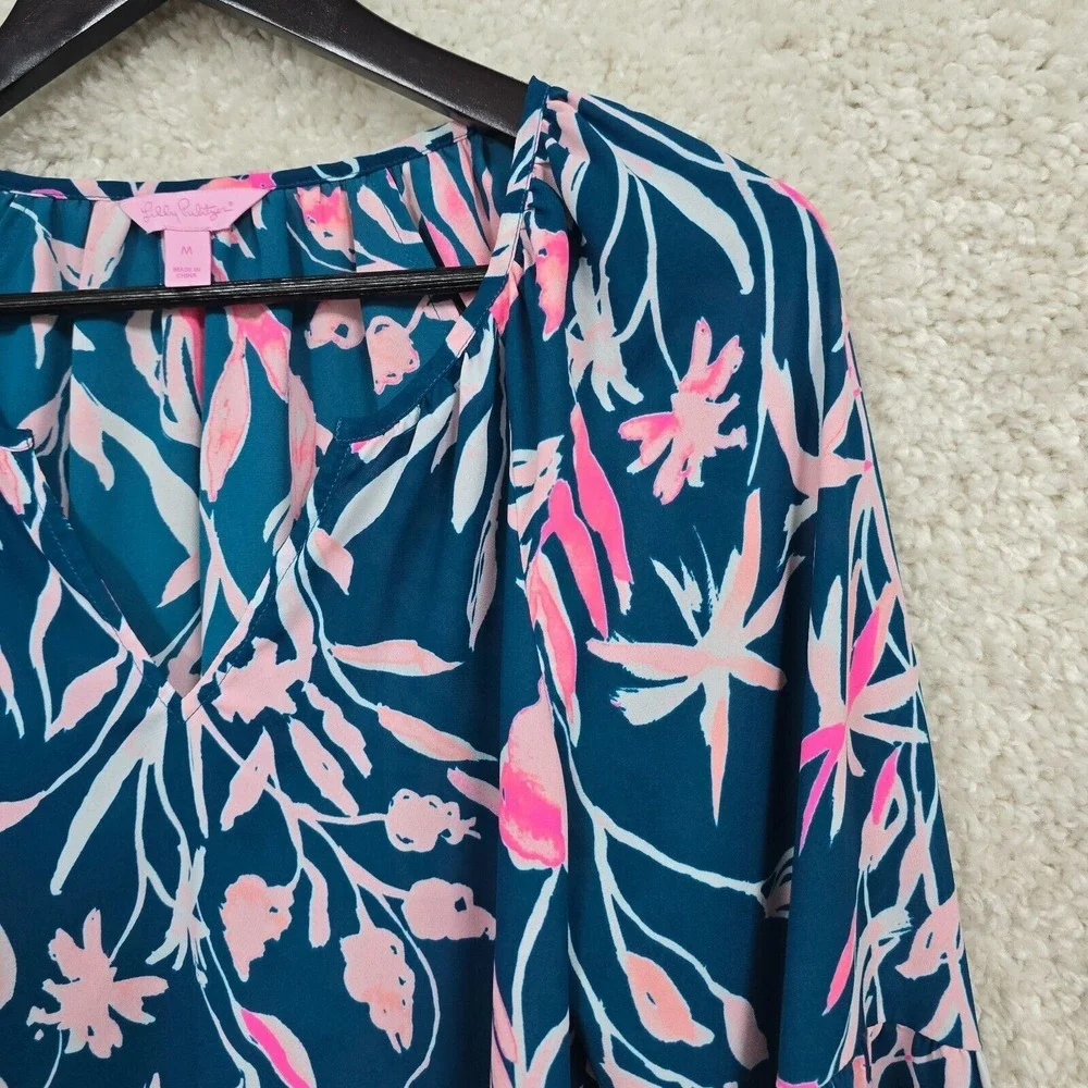 Lilly Pulitzer Womens Charleigh Top Medium Floral V-Neck Balloon Sleeve Flowy - Picture 3 of 14